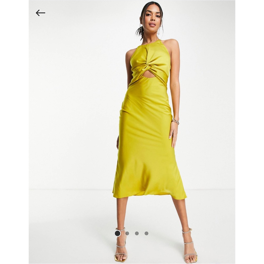 💛 ASOS Design Knot front satin midi dress with tie detail in olive 💛